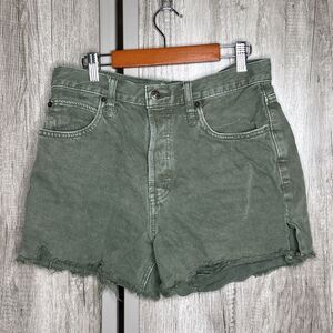 We The Free Denim Shorts Button Fly Frayed Hem High Waist Forest Green Size 28